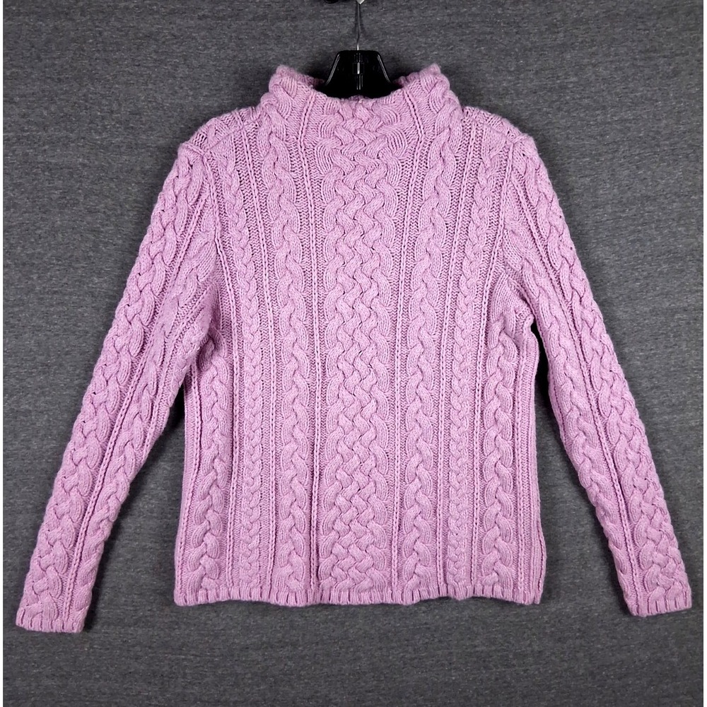 Lands End Womens Sweater M Petite Lilac Purple Cable Knit Mock Neck Wool Blend